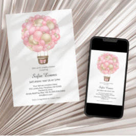 Rosa Luftballong Girl Baby Shower Inbjudningar