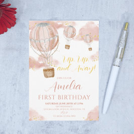 Rosa Luftballong Girl First Birthday Inbjudningar