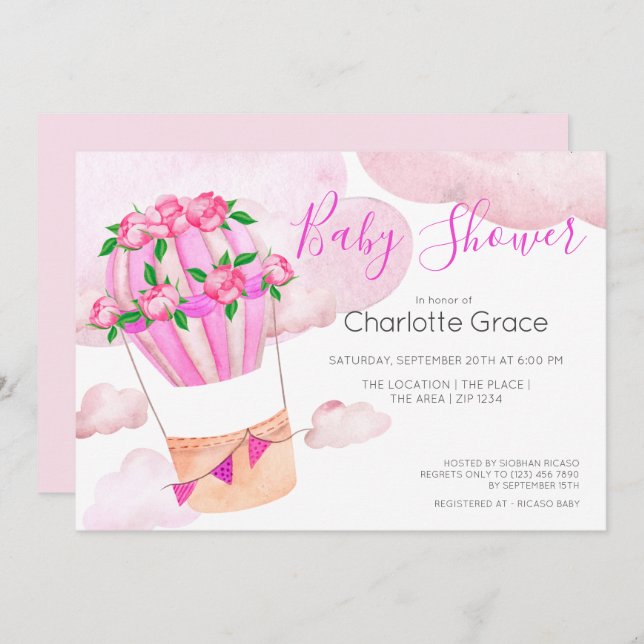 Rosa Luftballong i Clouds Baby Shower Inbjudningar (Fram/baksida)