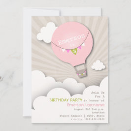 Rosa luftballong- & molnflicka födelsedag inbjudningar
