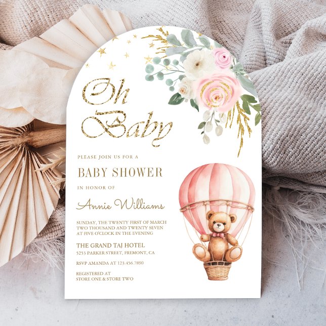 Rosa Luftballong Nalle Arch Baby Shower Inbjudningar (Skapare uppladdad)