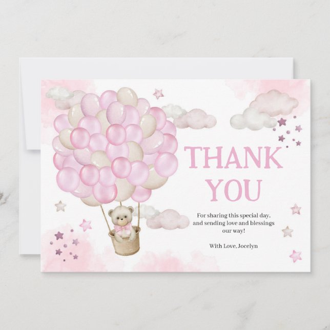 Rosa Luftballong Nalle Baby Shower Tack Kort (Framsida)