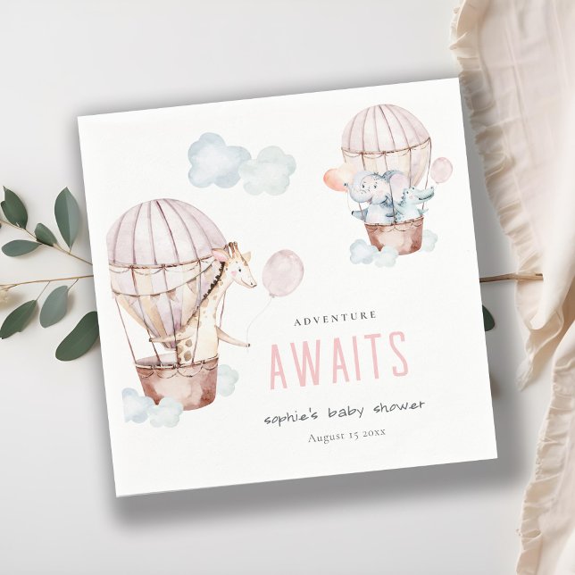 Rosa Luftballong Safari Animals Baby Shower Pappersservett (Skapare uppladdad)