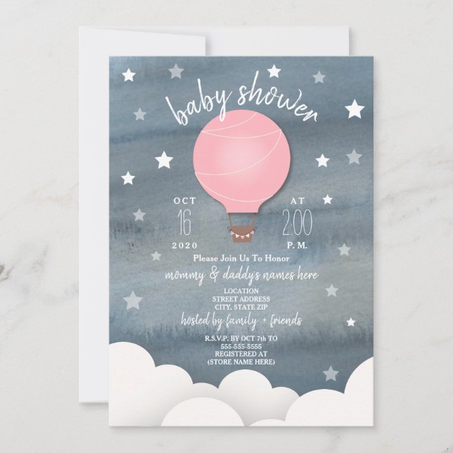 Rosa Luftballong + Stars Girl Baby Shower Inbjudningar (Framsida)