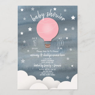 Rosa Luftballong + Stars Girl Baby Shower Inbjudningar