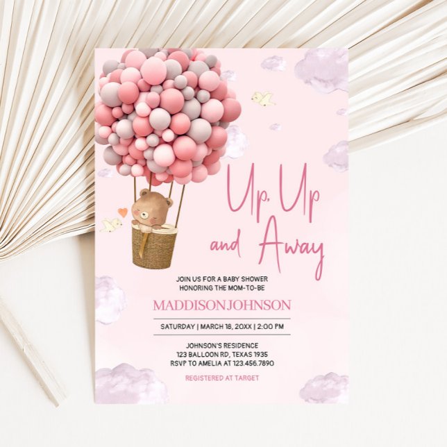 Rosa Luftballong upp och bort, babystövel Inbjudningar (Up and Away Hot Air Balloon Baby Shower Invitation
)