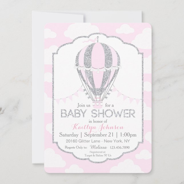 Rosa luftballongflickababy shower inbjudningar (Framsida)
