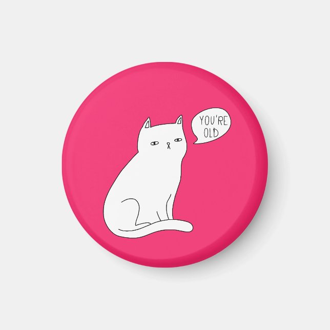 Rosa lustig fånig kattkonst "du är gammal" Birthda Magnet (Framsidan)