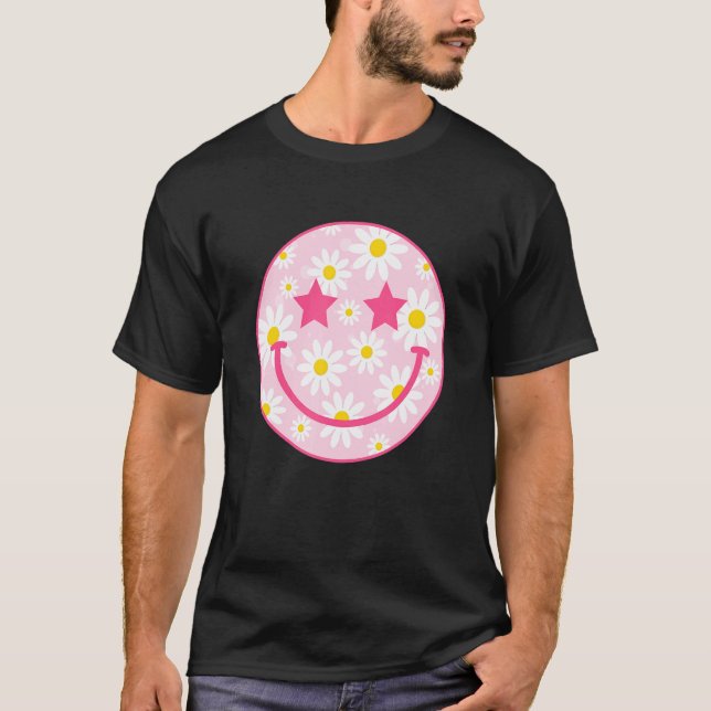 Rosa Lycklig Ansikte Daisy Flower Preppy Aesthetic T Shirt (Framsida)