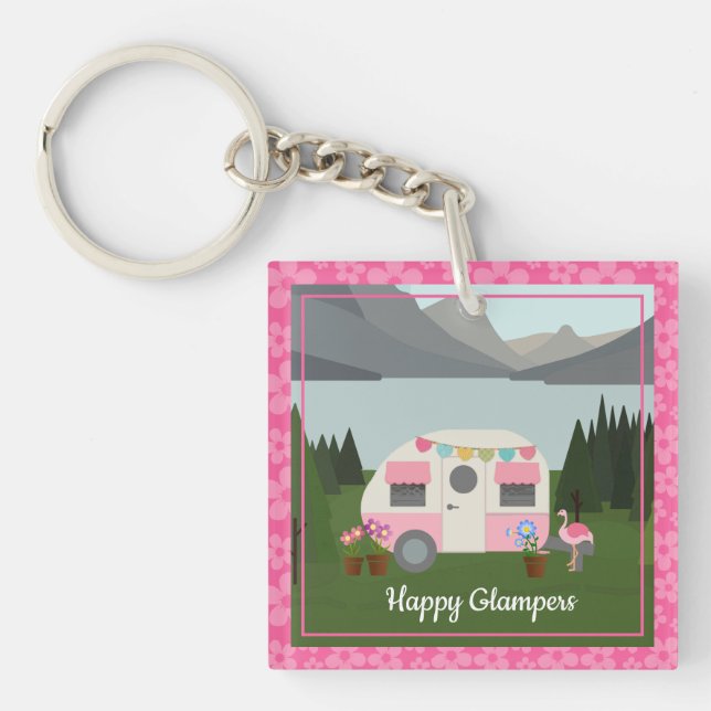Rosa Lycklig Glamper Campers Acrylic Keychain (Framsidan)