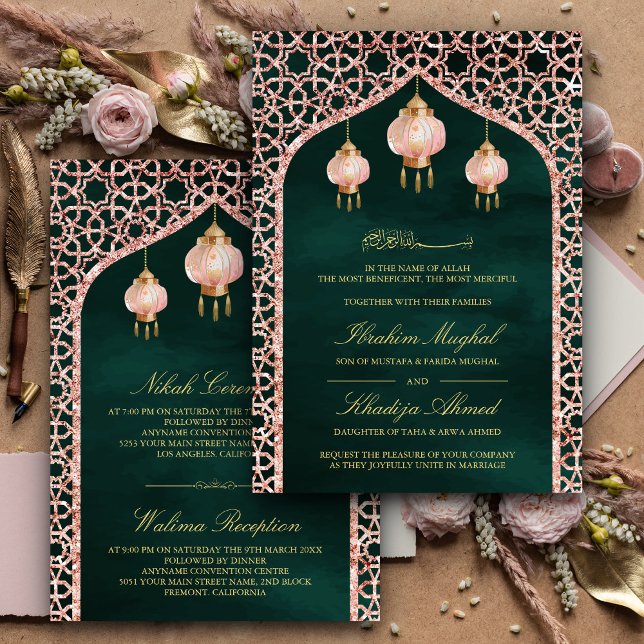 Rosa lyktor Emerald Rose Gold Muslim-vigsel Inbjudningar (Skapare uppladdad)