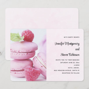 Rosa Macarons & Röda Hallon Bröllop Inbjudningar