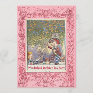 Rosa Mad Hatters Wonderland Birthday Tea Party Inbjudningar