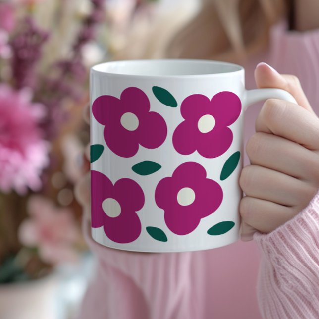 Rosa Magenta Abstrakt Retro Flower Mönster Kaffemugg (bold magenta abstract flower coffee mug, popping colors, large flowers)