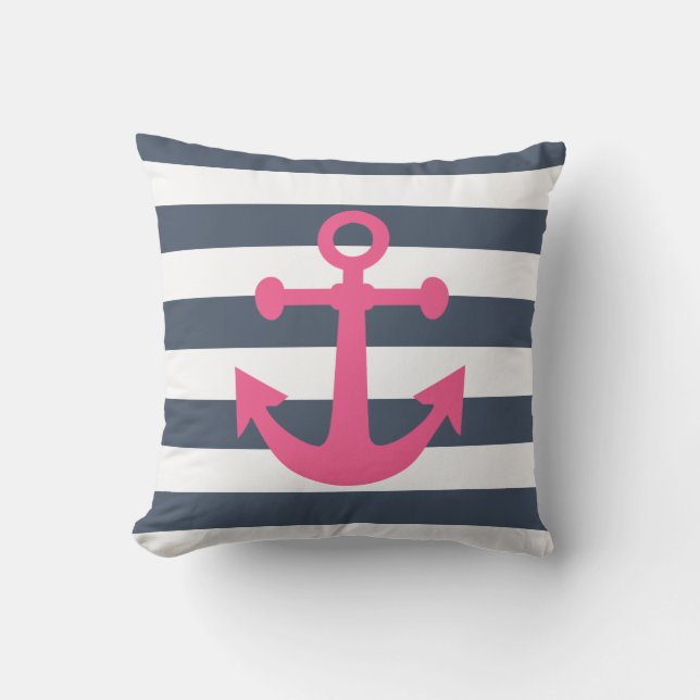 Rosa Magenta Anchor för marinblå Rand Utomhuskudde (Framsida)