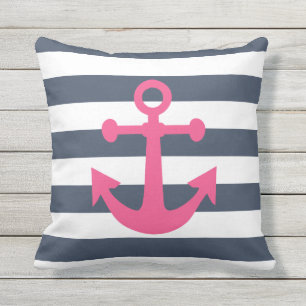 Rosa Magenta Anchor för marinblå Rand Utomhuskudde