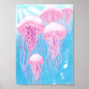 Rosa, Magenta, blått och turkos-jellyfisk Poster