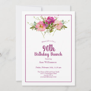 Rosa Magenta Blommigt 90:e Birthday Brunch Inbjudningar