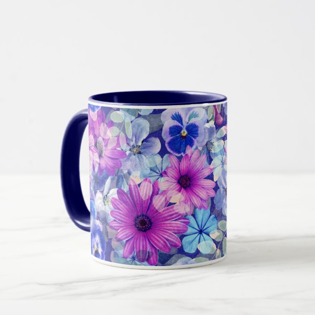 Rosa Magenta Blue-Blommönster Mugg (Framsida vänster)