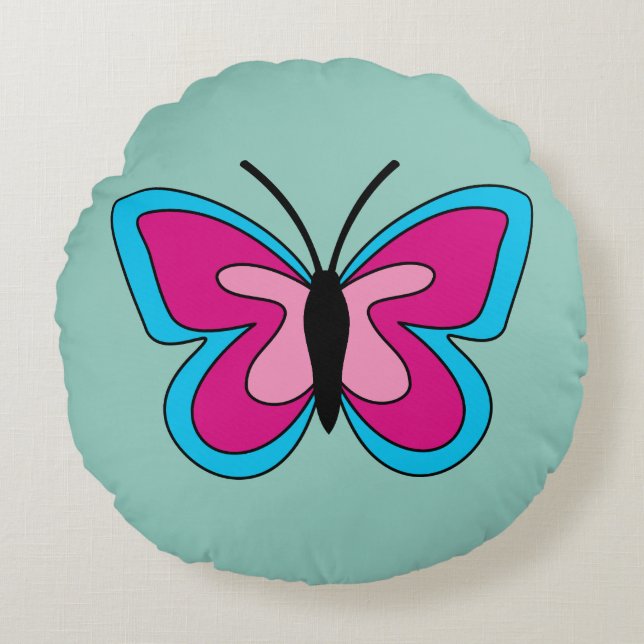 Rosa Magenta Blue Butterfly Rund Kudde (Framsidan)