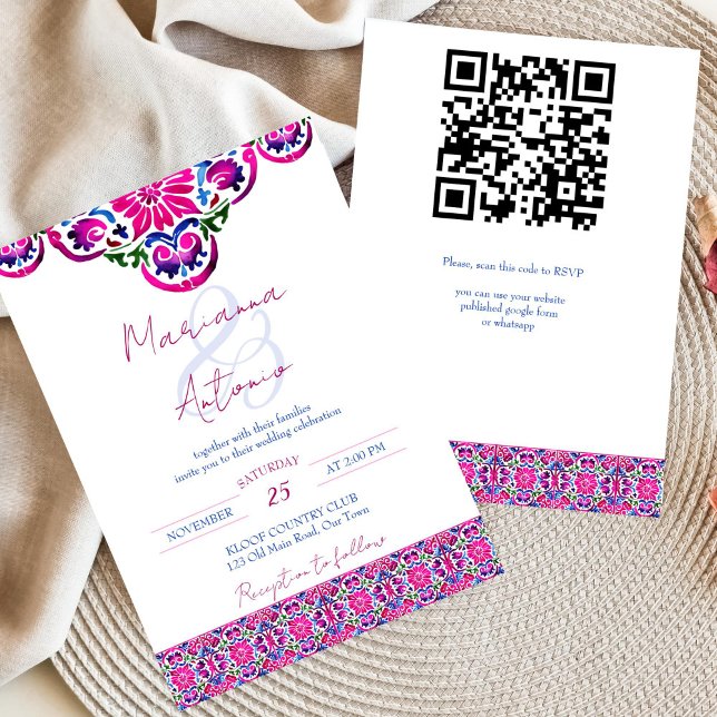 Rosa magenta blue Majolica Spanska plattor bröllop Inbjudningar (Pink and blue watercolor Majolica Talavera tiles wedding editable template invitation download )