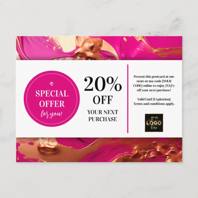 Rosa Magenta Guld Paint Coupon Discount Postcard Vykort (Framsida)