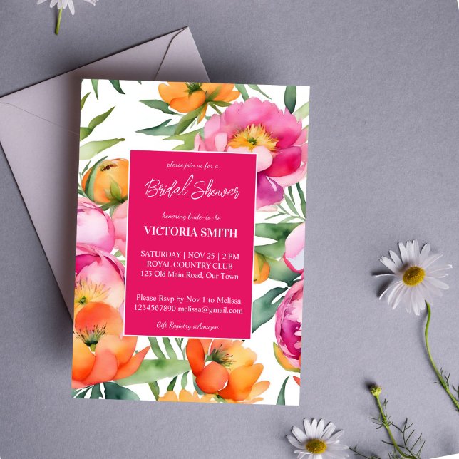 Rosa magenta orange peonies elegant möhippa  inbjudningar (Bold Pink magenta orange peonies elegant bridal shower editable template invitation digital download)
