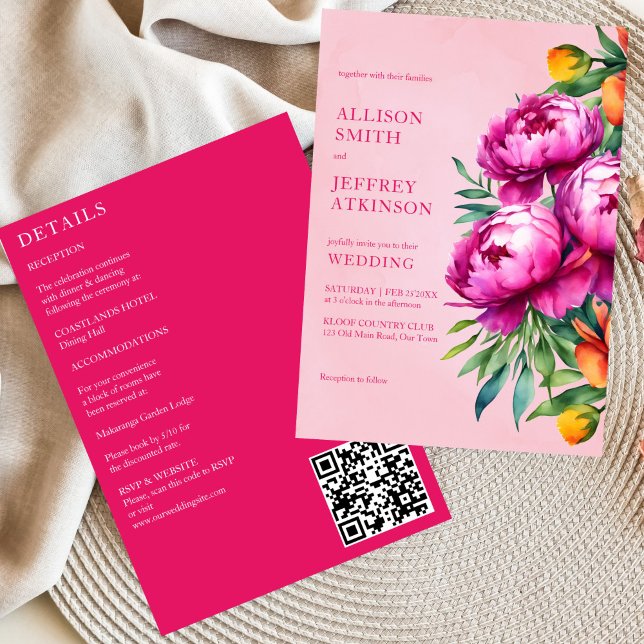 Rosa magenta peonies alla i en bröllop-mall inbjudningar (Pink magenta peonies all in one wedding editable template invitation digital download floral blooms)