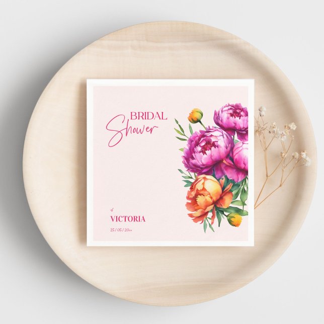 Rosa magenta persika pioner elegant bröllopsdusch pappersservett (Pink magenta peach peonies elegant bridal shower custom template napkins personalized tableware)
