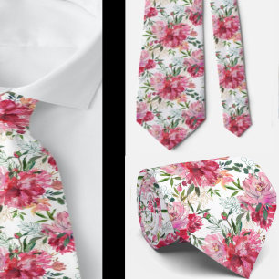 Rosa Magenta Vattenfärgsruta Blommigt Nackruta Slips