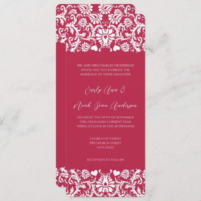 Rosa Magenta Victorian Blommigt Damask Wedding Inbjudningar (Fram/baksida)