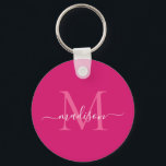 Rosa Magenta Vit monogram Namn Modern Script Nyckelring<br><div class="desc">Vit monogram-Elegant med enkel Rosa-Magenta,  modern skriptnyckelkedja</div>