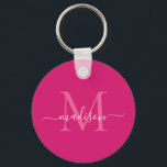 Rosa Magenta Vit monogram Namn Modern Script Nyckelring<br><div class="desc">Vit monogram-Elegant med enkel Rosa-Magenta,  modern skriptnyckelkedja</div>