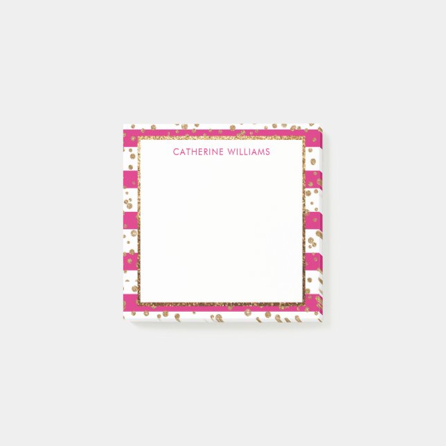 Rosa Magenta Vita Rand Guld Glitter-konfetti Post-it Block (Framsida)
