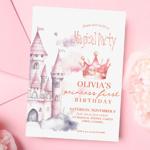 Rosa Magic Princess Castle 1st Birthday Party Inbjudningar