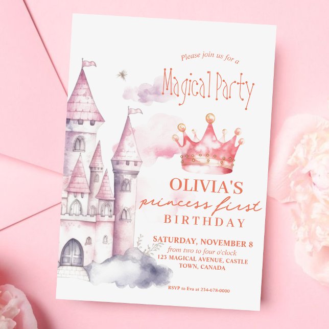 Rosa Magic Princess Castle 1st Birthday Party Inbjudningar (Skapare uppladdad)