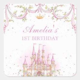 Rosa Magic Princess Castle Birthday Sticker Fyrkantigt Klistermärke