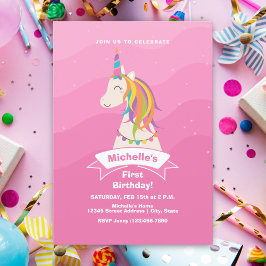 Rosa Magic Rainbow Unicorn Baby 1:a födelsedagen Inbjudningar