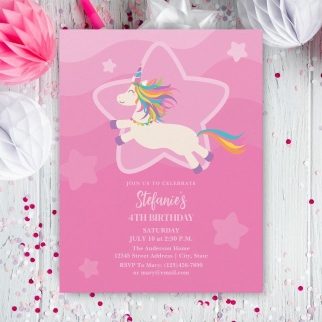 Rosa Magic Rainbow Unicorn Girl Birthday Inbjudningar (Skapare uppladdad)