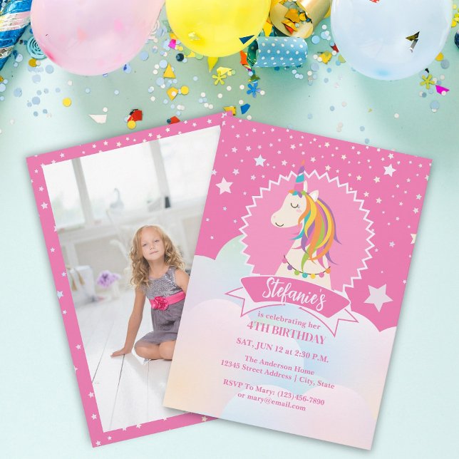 Rosa Magic Rainbow Unicorn Girl Birthday Photo Inbjudningar (Skapare uppladdad)