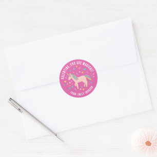 Rosa Magic Unicorn Classroom Valentine Gift Runt Klistermärke