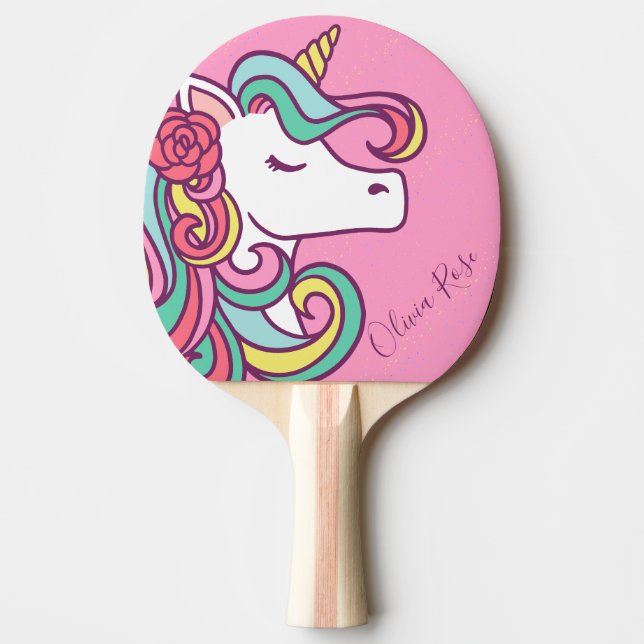 Rosa Magic Unicorn Guld Glitter Personlig Pingisracket (Framsidan)
