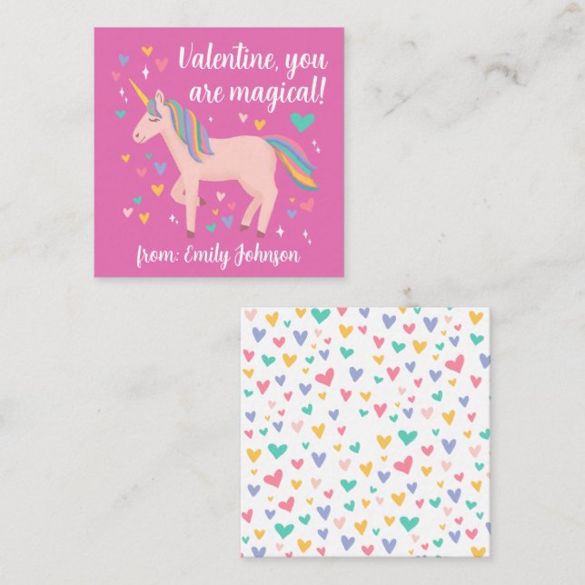 Rosa Magic Unicorn Kids Classroom Valentine Note Anteckningskort (Fram/baksida)