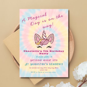 Rosa Magic Unicorn tie dye guld glitter födelsedag Inbjudningar