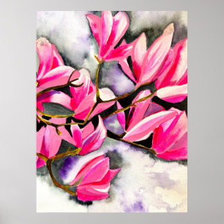 Rosa Magnolia akvarell Poster