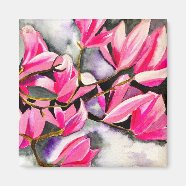 Rosa Magnolia akvarellkonst Magnet (Framsidan)