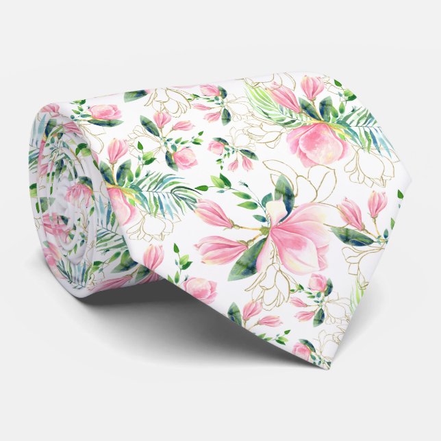 Rosa Magnolia-Blommar med Guld Filigree-design Slips (Rullad)