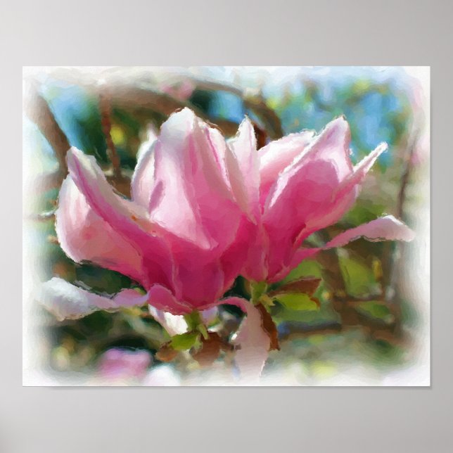 Rosa Magnolia Blommars Flower Art Photo Painting Poster (Framsidan)