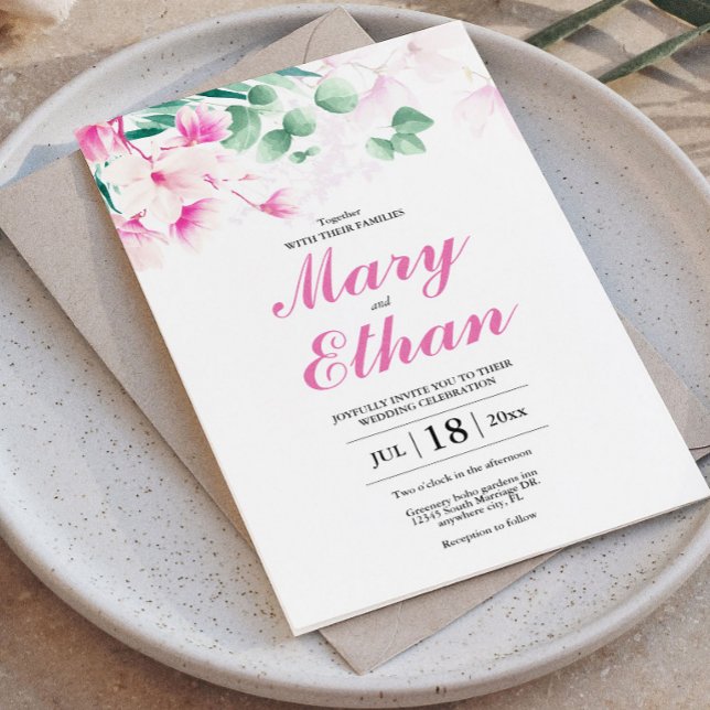 Rosa Magnolia Blommig Akvarell Bröllop Inbjudningar (Pink Magnolia Floral Watercolor Wedding Invitation, Summer Save the Date)
