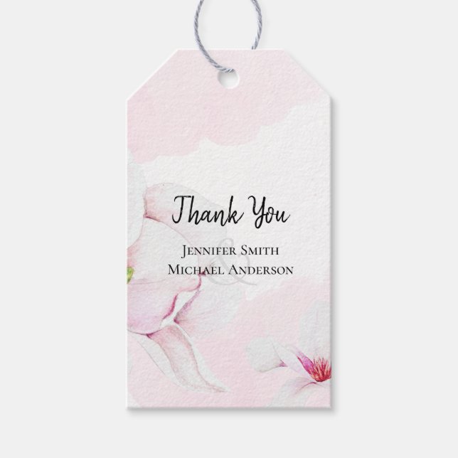 Rosa Magnolia Blommigt Budget Bröllop Gift Märkres Presentetikett (Framsidan)